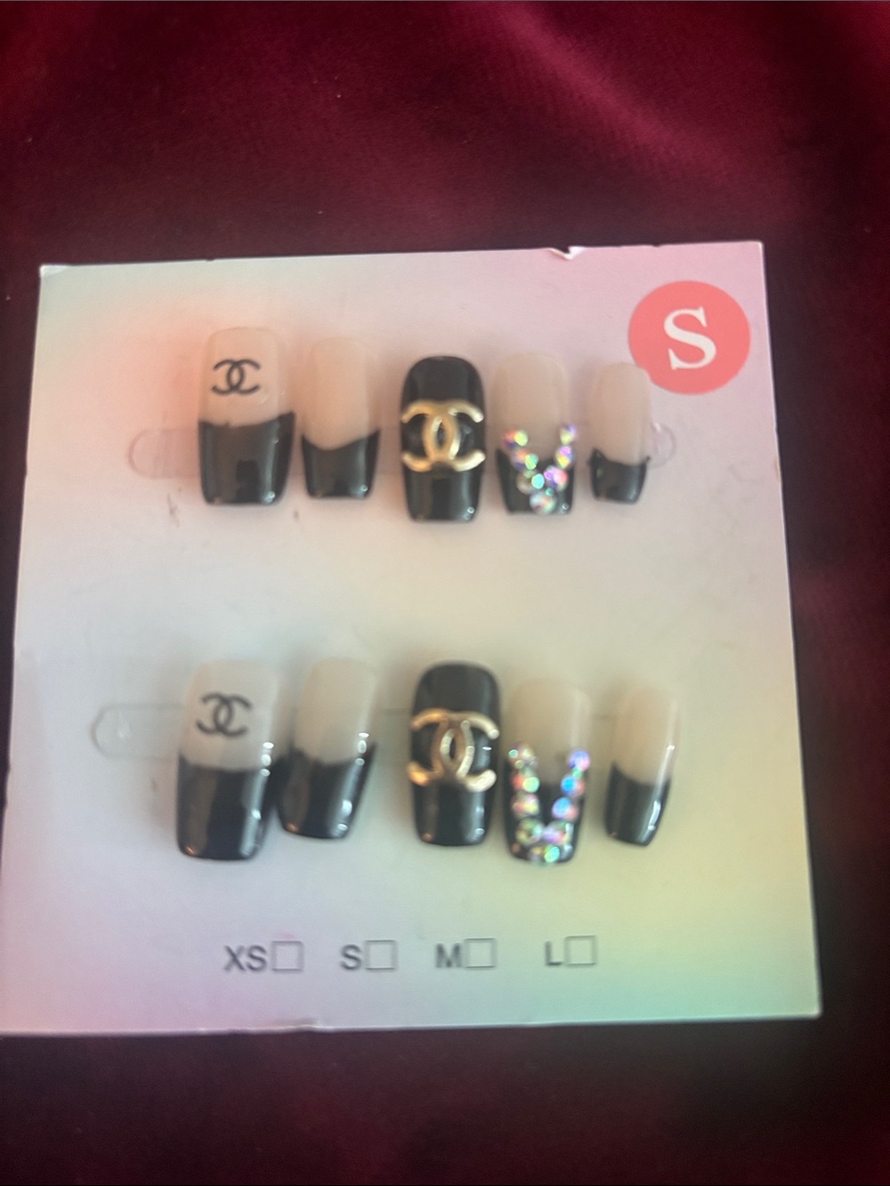Luxury Black & Nude Faux Nail Set with Gold Emblem and Rhinestones